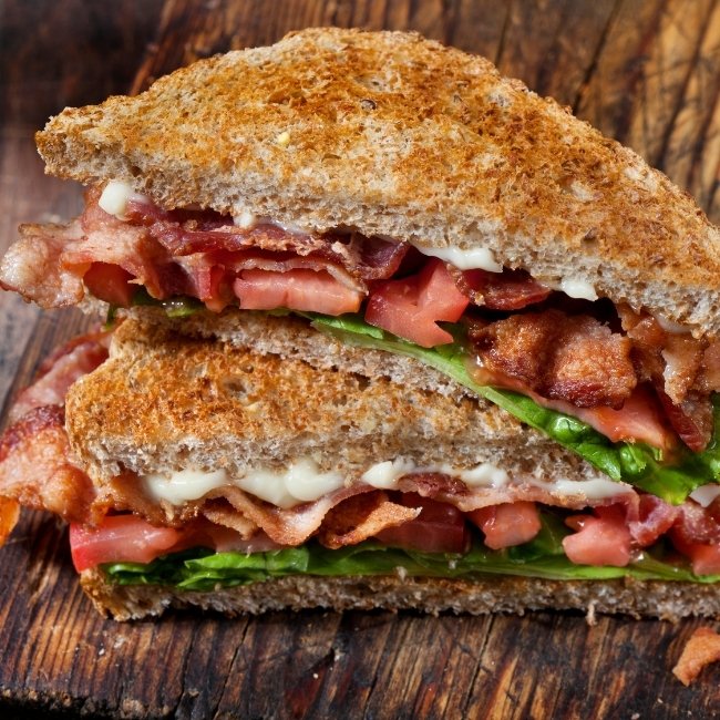 A BLT with bacon, lettuce, tomato & mayo on wheat at The Hill Bar & Grill in Glyndon MN.