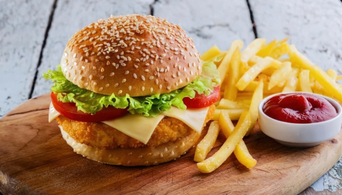 Chicken sandwich with fries, served fresh at The Hill Bar & Grill in Glyndon MN.