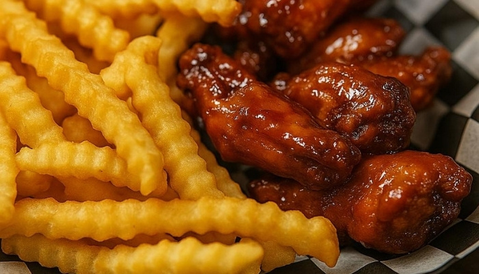 Crinkle-cut fries and buffalo wings at The Hill Bar & Grill in Glyndon MN on a checkered tray.
