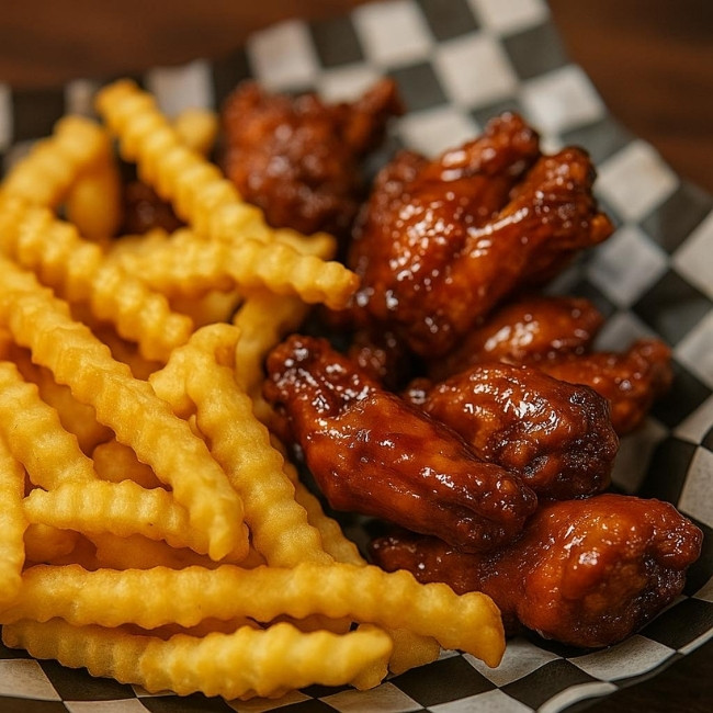 Crinkle-cut fries and glazed chicken wings at The Hill Bar & Grill in Glyndon MN.