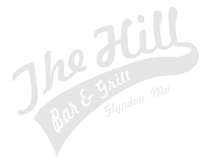 The Hill Bar & Grill in Glyndon MN logo with restaurant food and bar written beneath the name.